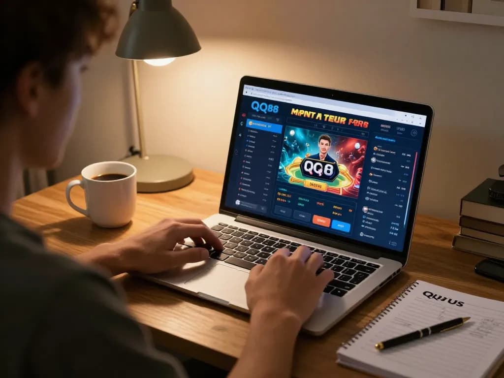 Engaging in QQ88 online gaming, a player enjoying a laptop casino experience with warm ambiance.