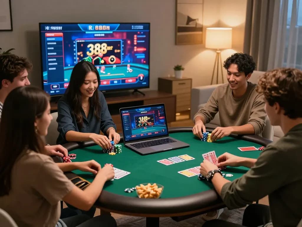 Engaging group of friends playing poker online at home with 388bet interface displayed on screen, creating a lively gaming atmosphere.