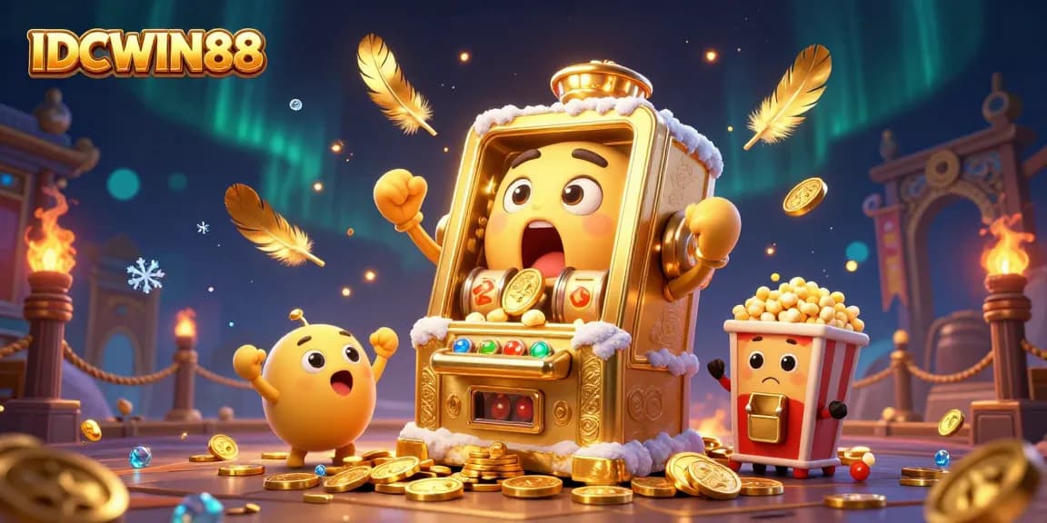 Experience the thrill of winning with IDCWIN88 as the golden slot machine celebrates a jackpot surrounded by coins and cheering characters.