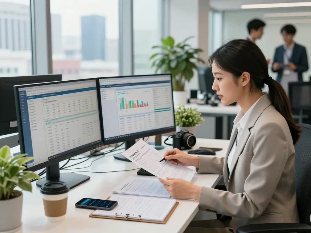 Financial services professional at www.dgi-chicago.com reviewing client data in urban office