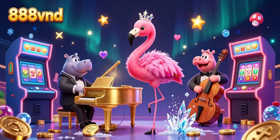 Experience the excitement of 888vnd with vibrant casino-themed 3D characters and elements