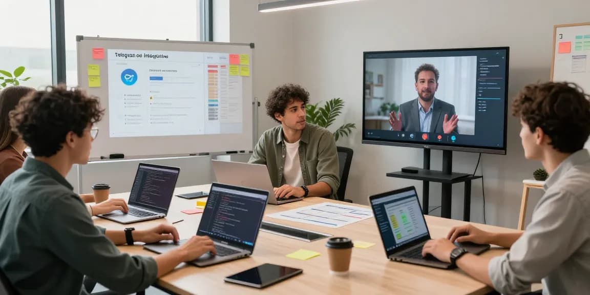 Team of developers collaborating on telegram官网 projects in a modern workspace, showcasing innovation and teamwork.