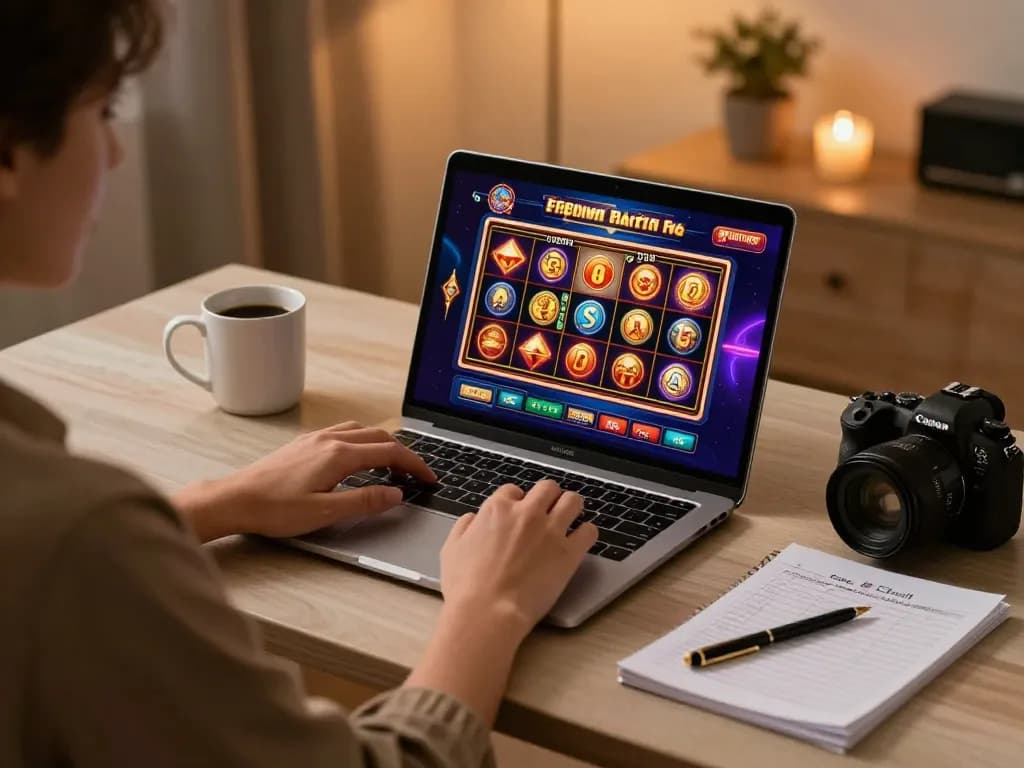 Pentaslot login screen displayed on laptop, showcasing an engaging slots game interface and cozy gaming setup.