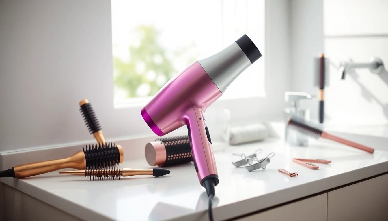 Enhance your hair styling routine with a premium Ionic hair dryer featuring sleek design and modern aesthetics.