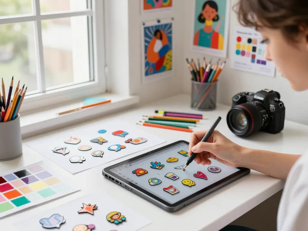 Designer creating custom acrylic pins surrounded by vibrant samples and tools.