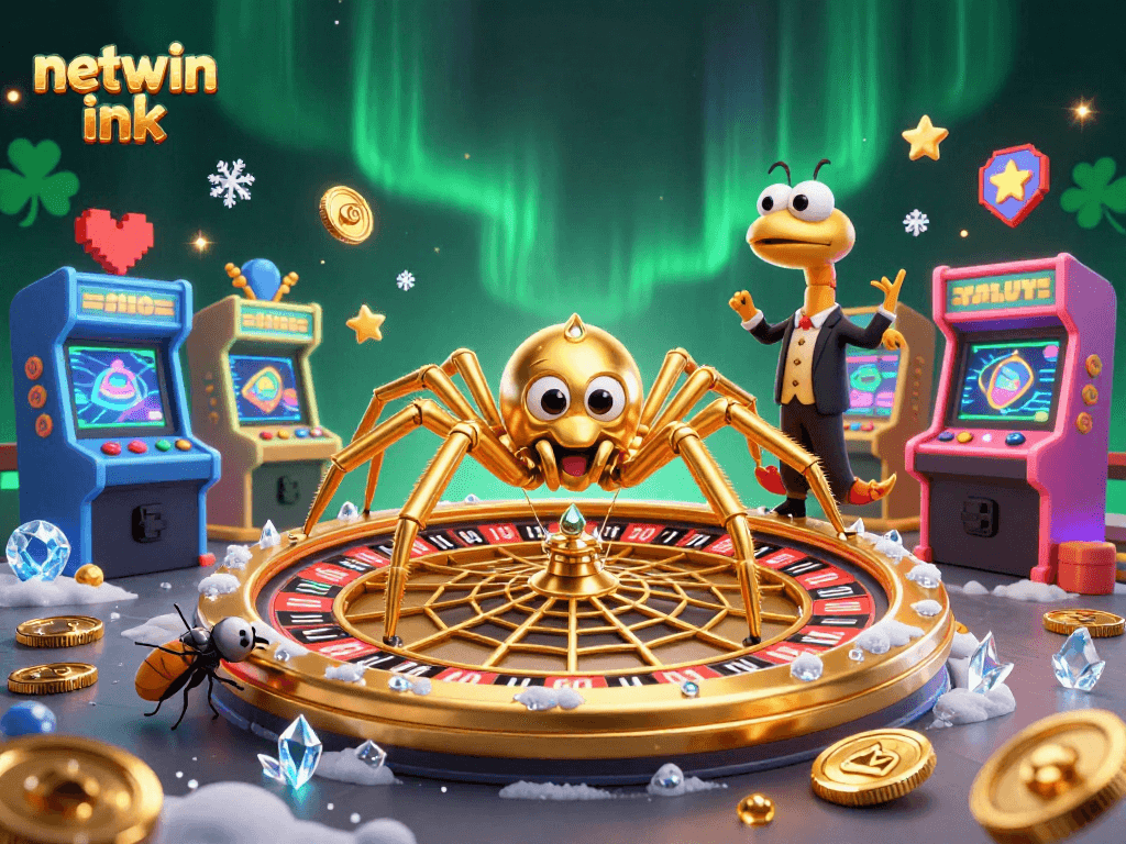 Experience thrilling bets at netwin ink with a golden spider and roulette wheel in a vibrant 3D scene.