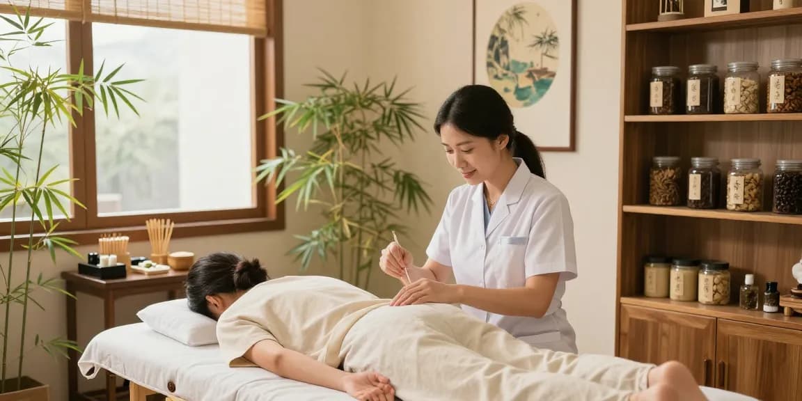 Healing space at 수원한의원 featuring an acupuncture session with soothing decor and herbal remedies.