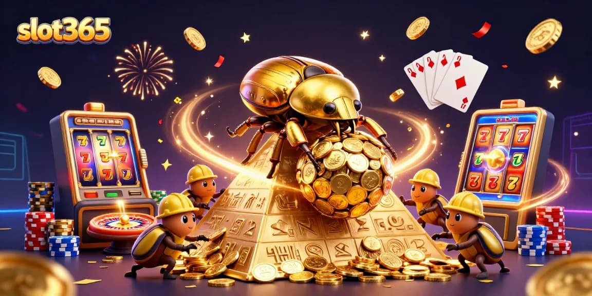 Experience excitement at slot365 with a dynamic 3D beetle casino scene full of winning symbols and gold.