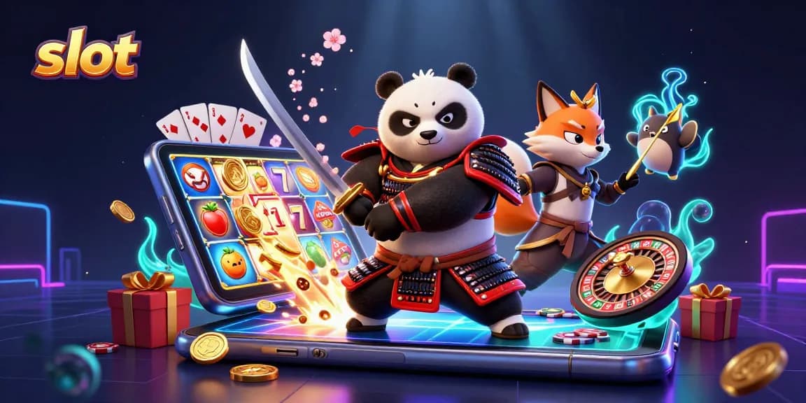 Engage with slot dynamics as a fierce panda and ninja fox explore a vibrant gambling scene.