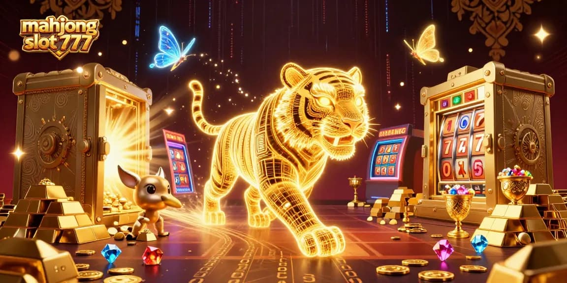 Engage with mahjong slot 777 featuring a neon tiger in a vibrant casino scene.