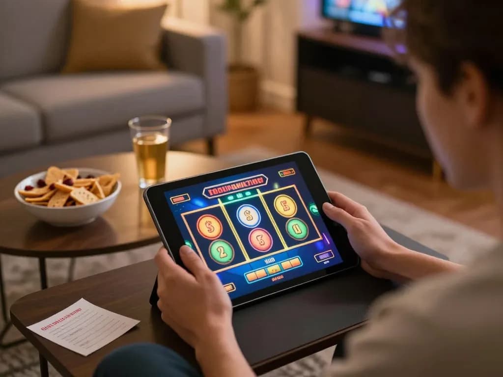 Engaging player using tablet for link gacor online slot gaming in cozy living room.