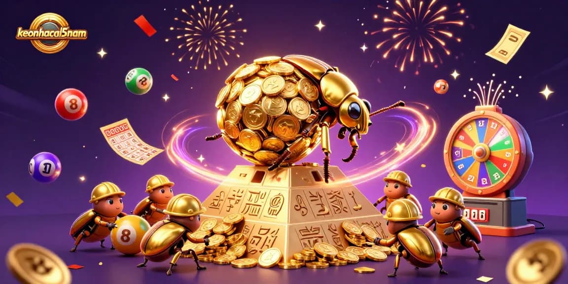 Experience thrilling gambling action with keonhacai5nam as golden coins, lottery balls, and exciting prizes collide!
