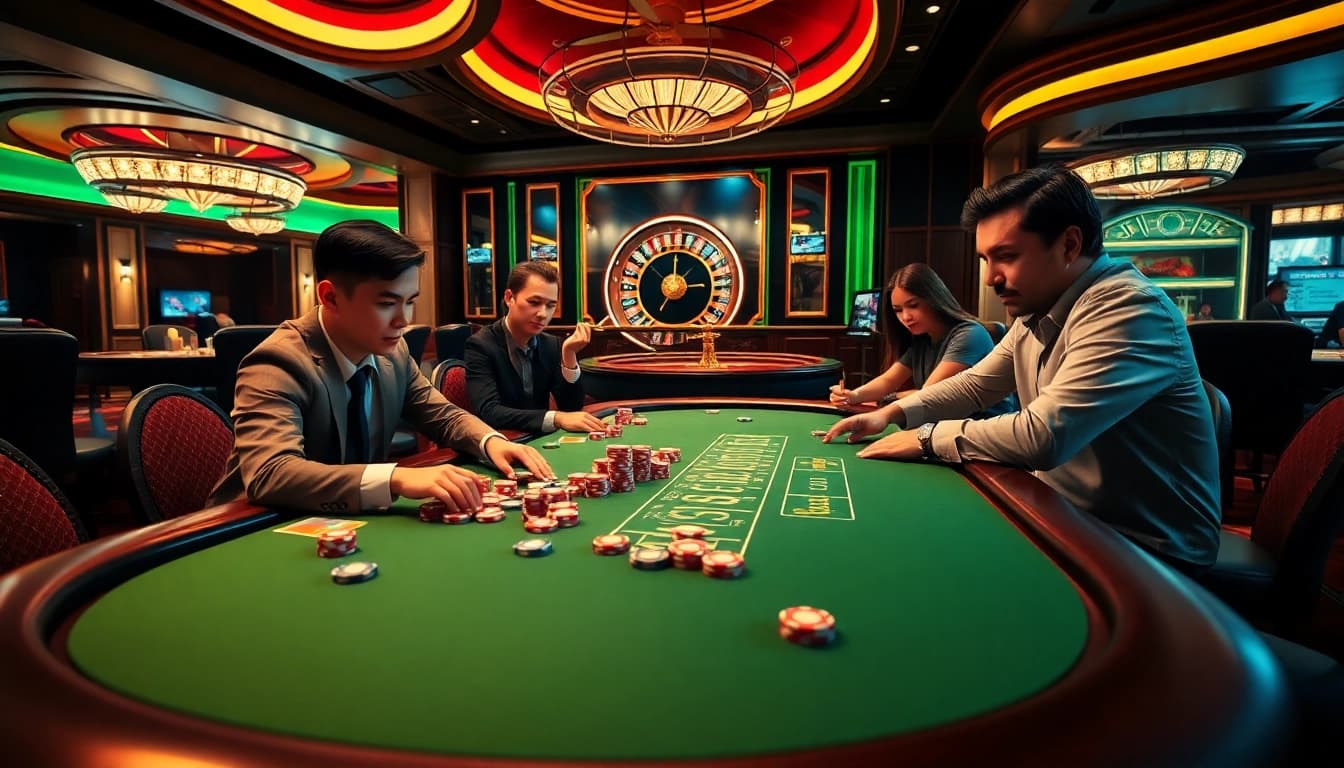 U888 players enjoying a vibrant and luxurious casino atmosphere, focused on poker and roulette.