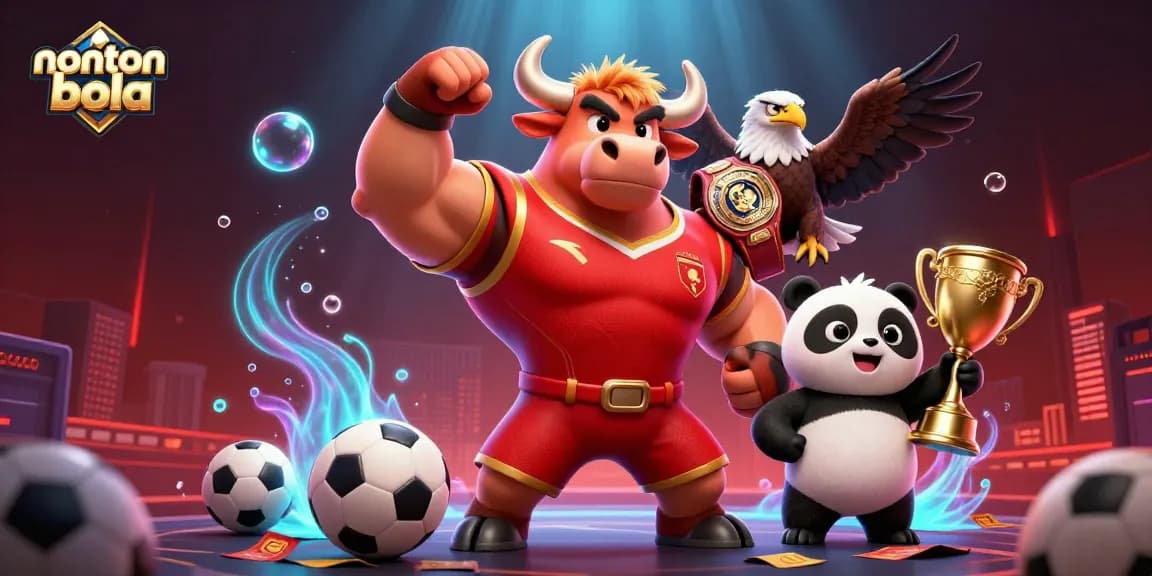 Experience nonton bola with vibrant sports elements and mascots celebrating victory