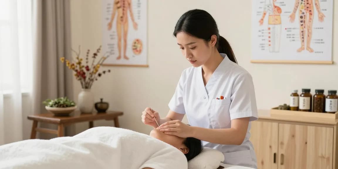 Effective treatment at 수원교통사고한의원, showcasing a female acupuncturist treating a patient with care in a serene environment.