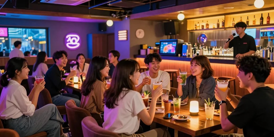 Exciting 제주유흥 ambiance featuring friends enjoying drinks and karaoke under vibrant neon lights.