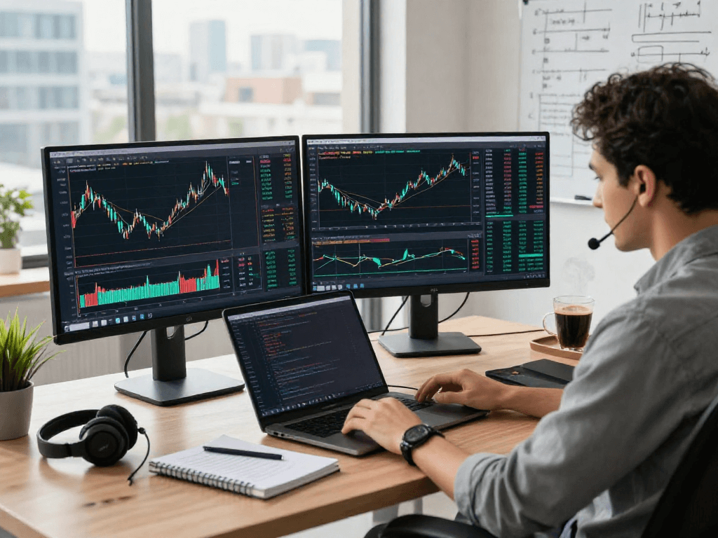 交易者在专业交易分析工作站中使用TradingView实时监控股票和加密货币行情。
