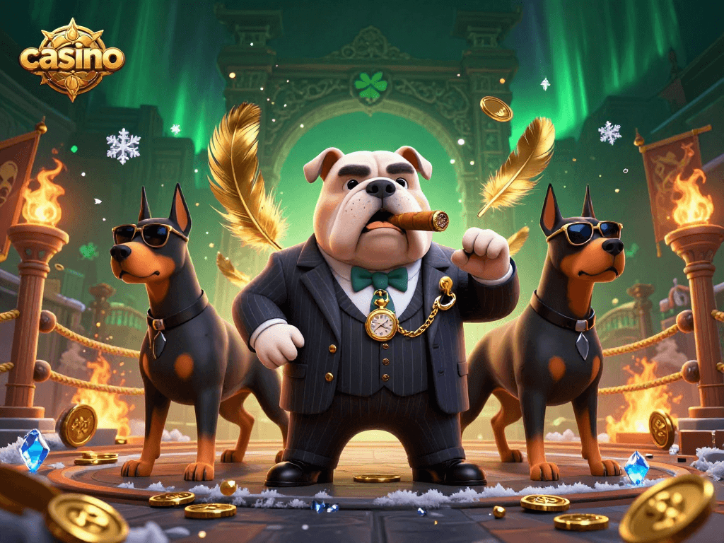 Experience thrilling casino action with a 3D mafia boss bulldog and Doberman guards amidst gold coins.