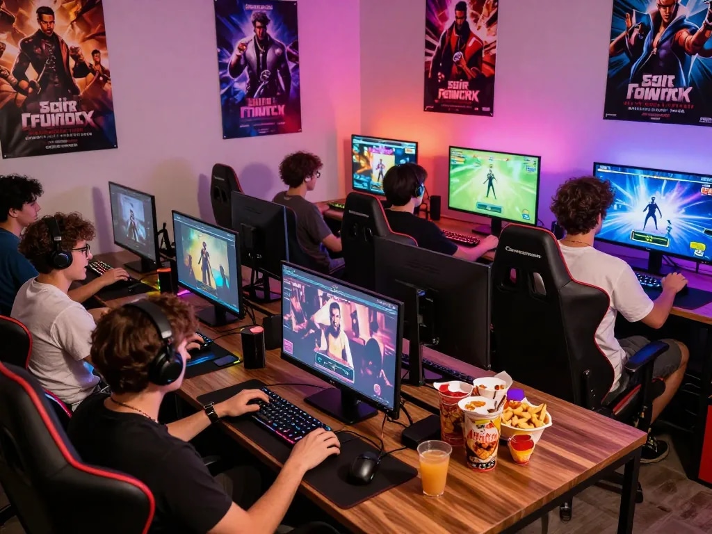 Players enjoying a free porn game in a vibrant gaming lounge.