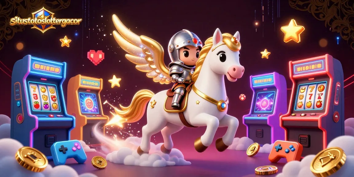 Experience situstotoslottergacor with a dynamic 3D illustration of a celestial horse and knight amidst slot game excitement.