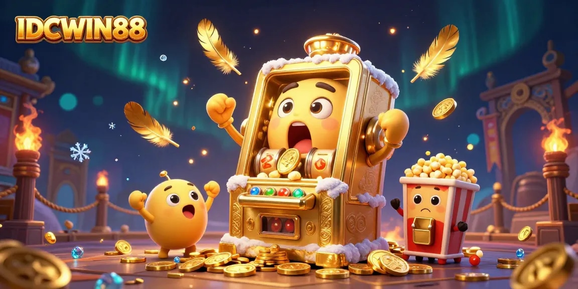 Experience the thrill of winning with IDCWIN88 as the golden slot machine celebrates a jackpot surrounded by coins and cheering characters.