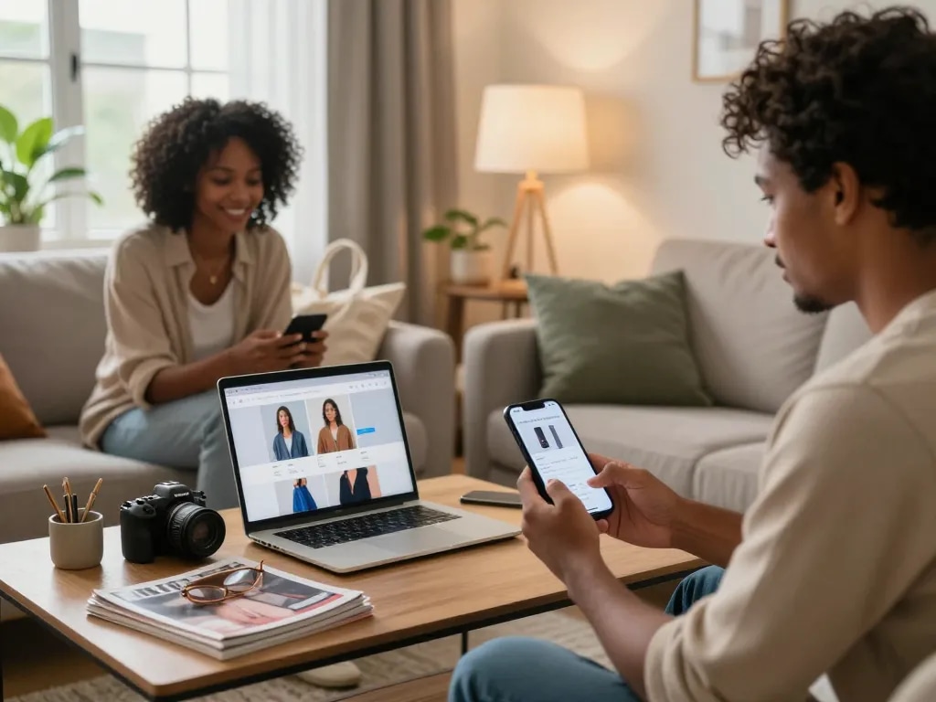 Engaging online shopping experience at https://hubet88.icu/ in a cozy living room with diverse shoppers and stylish products.