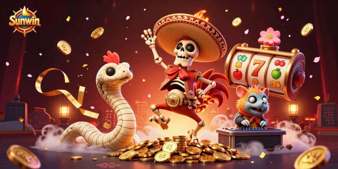 Win big with Sunwin in this vibrant casino party scene featuring animated characters and dynamic slot reels.