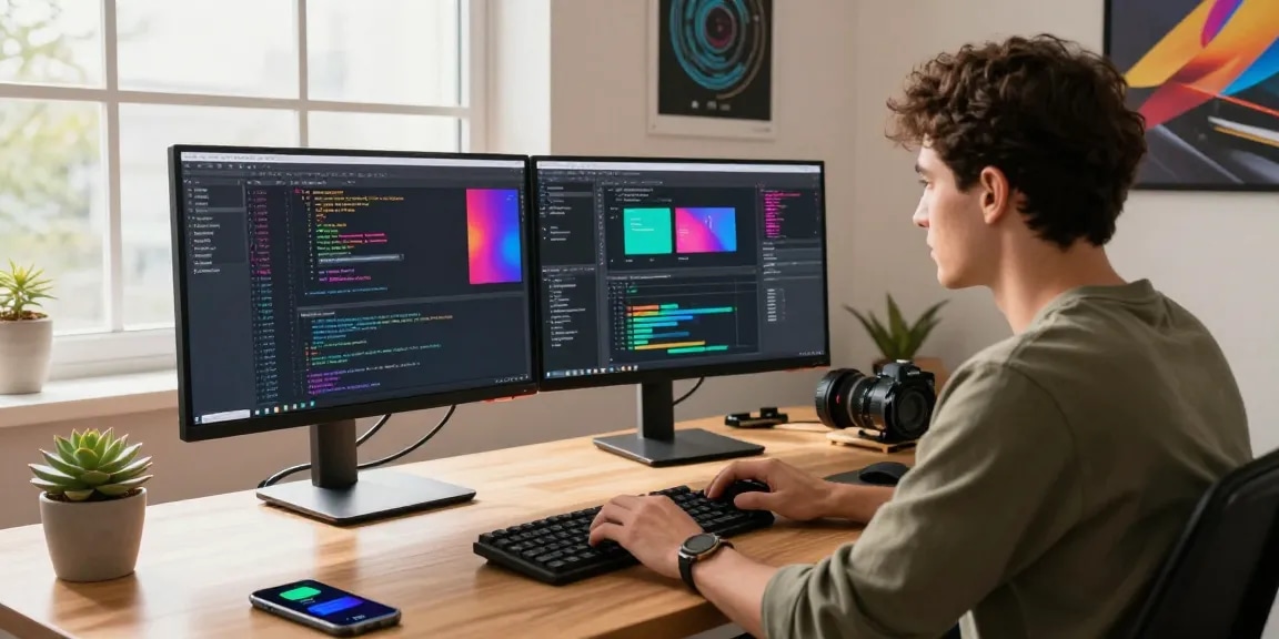 Innovative software developer using 截图工具 in a modern workspace with dual monitors and code on display.