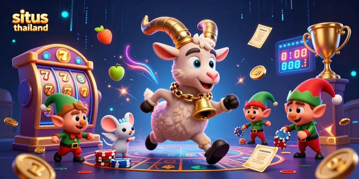 Situs Thailand reels spin as Krampus, an angel mouse, and gremlins steal poker chips in a vibrant casino.