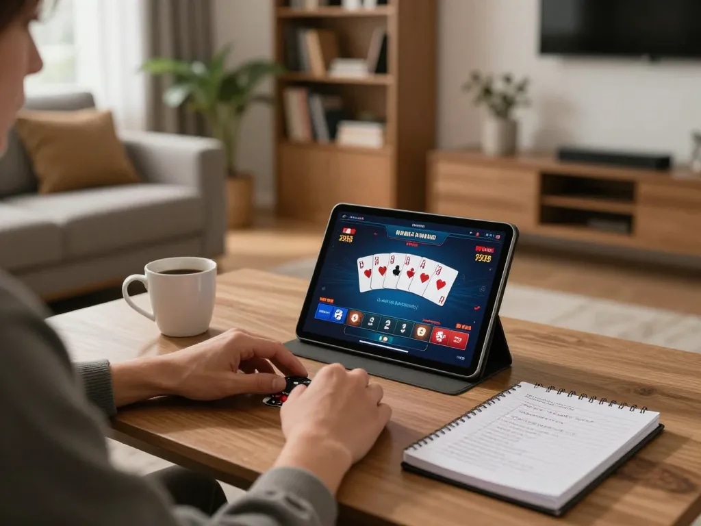 Engaging in online casinos in Canada reddit from home with vibrant poker gameplay and cozy setup