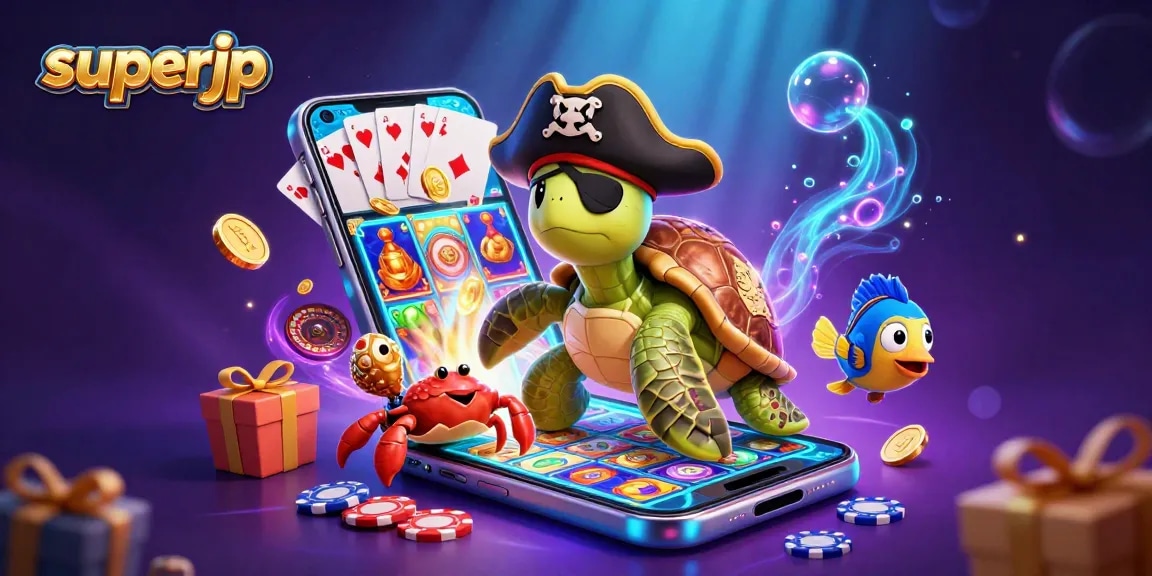Spinning slot games with superjp themes, featuring cartoon turtle, hermit crab, and parrotfish in a vibrant underwater scene.