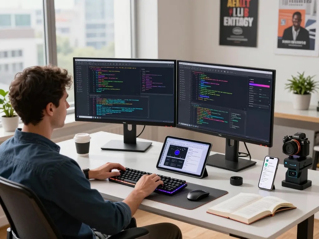 Developer optimizing openclaw in a modern tech workspace with dual monitors.