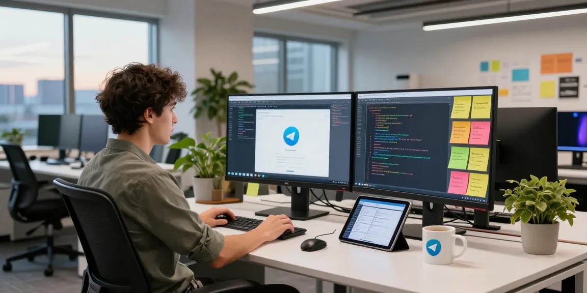 Focused software developer coding on multiple monitors using telegram官网 interface in a modern workspace.