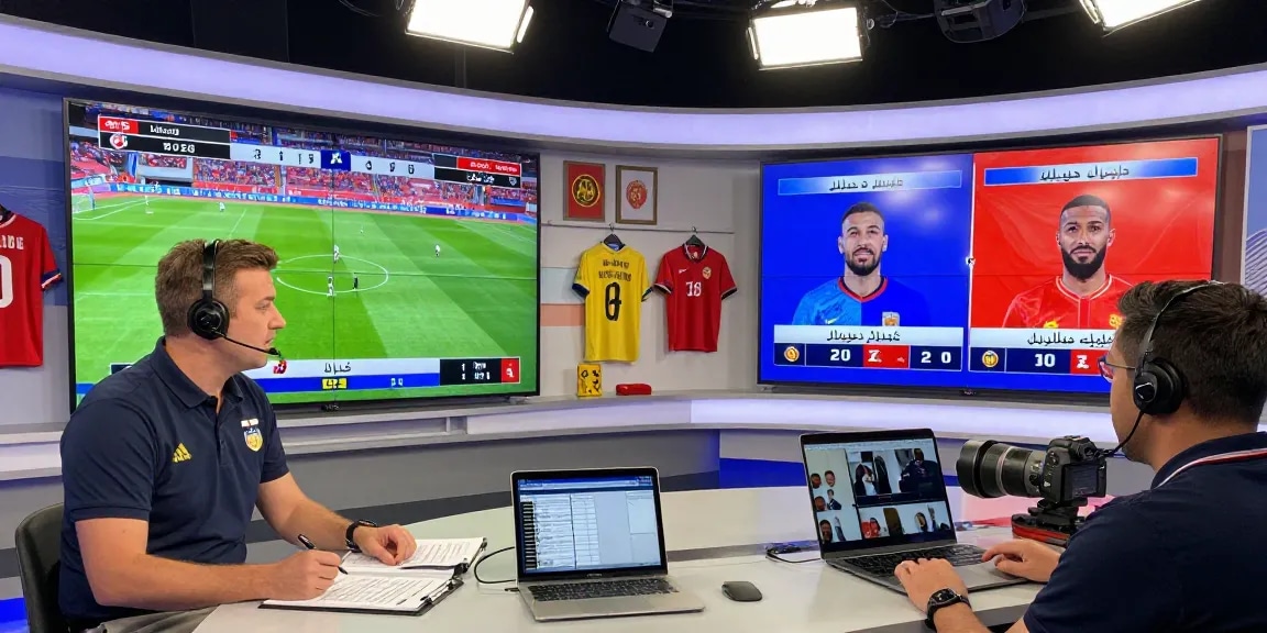 Sports analysis studio featuring live football coverage, focusing on kooralive updates and player stats.