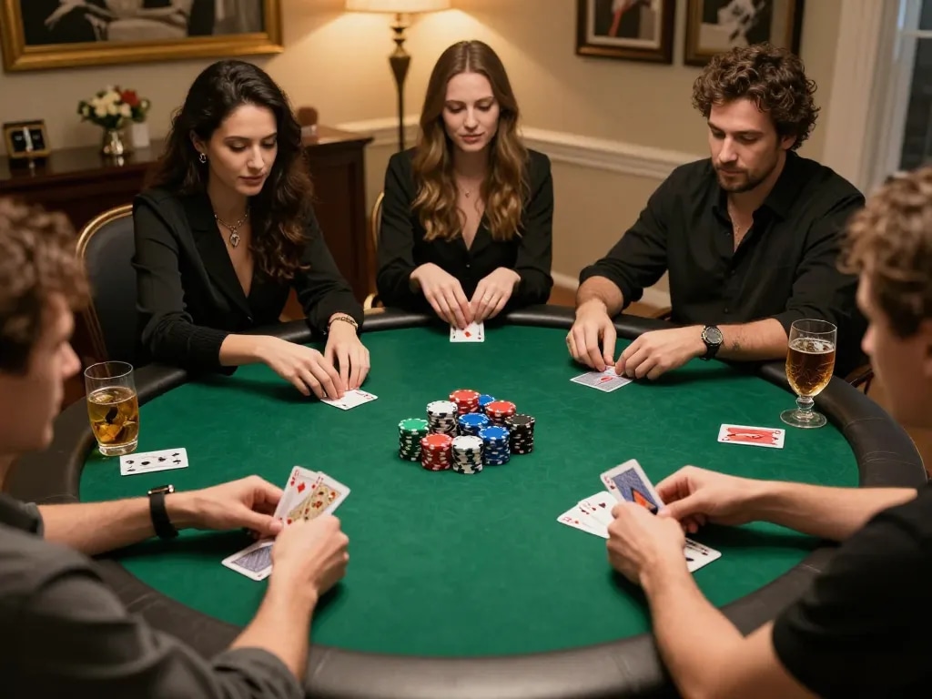 Jae888 players strategizing during a lively home poker game with vibrant chips and cards