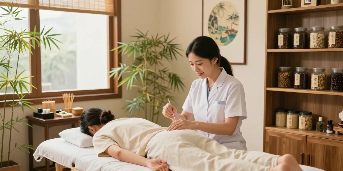 Healing space at 수원한의원 featuring an acupuncture session with soothing decor and herbal remedies.