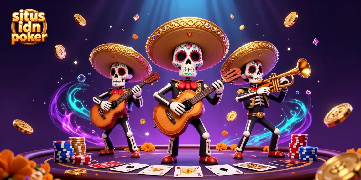 Experience the finest situs idn poker with vibrant skeleton mariachi, poker chips, and winning cards.