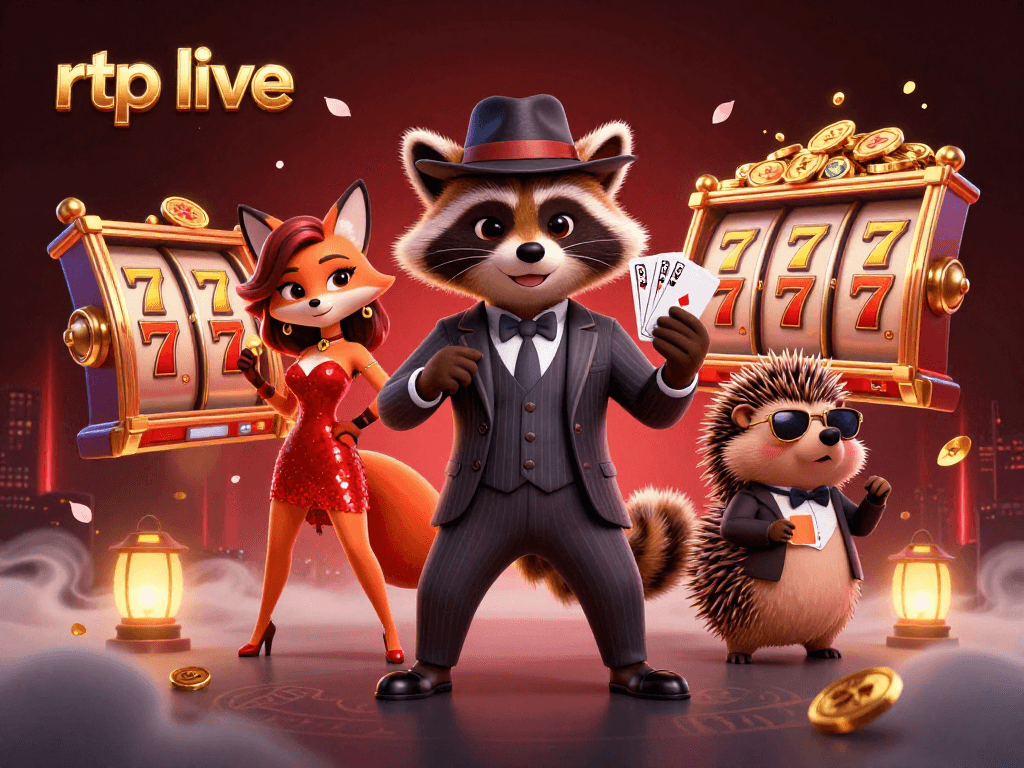 Engage with rtp live as the suave raccoon wins big with a royal flush at a vibrant slot game scene.