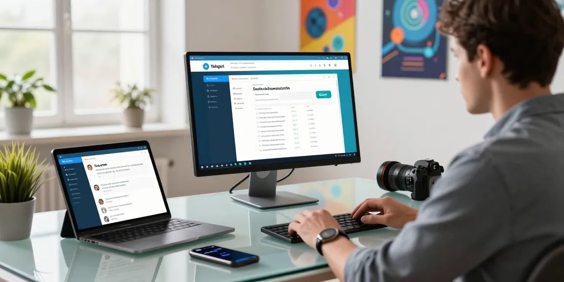 Professional workspace featuring telegram官网 interface on a high-resolution monitor and lively tech environment.