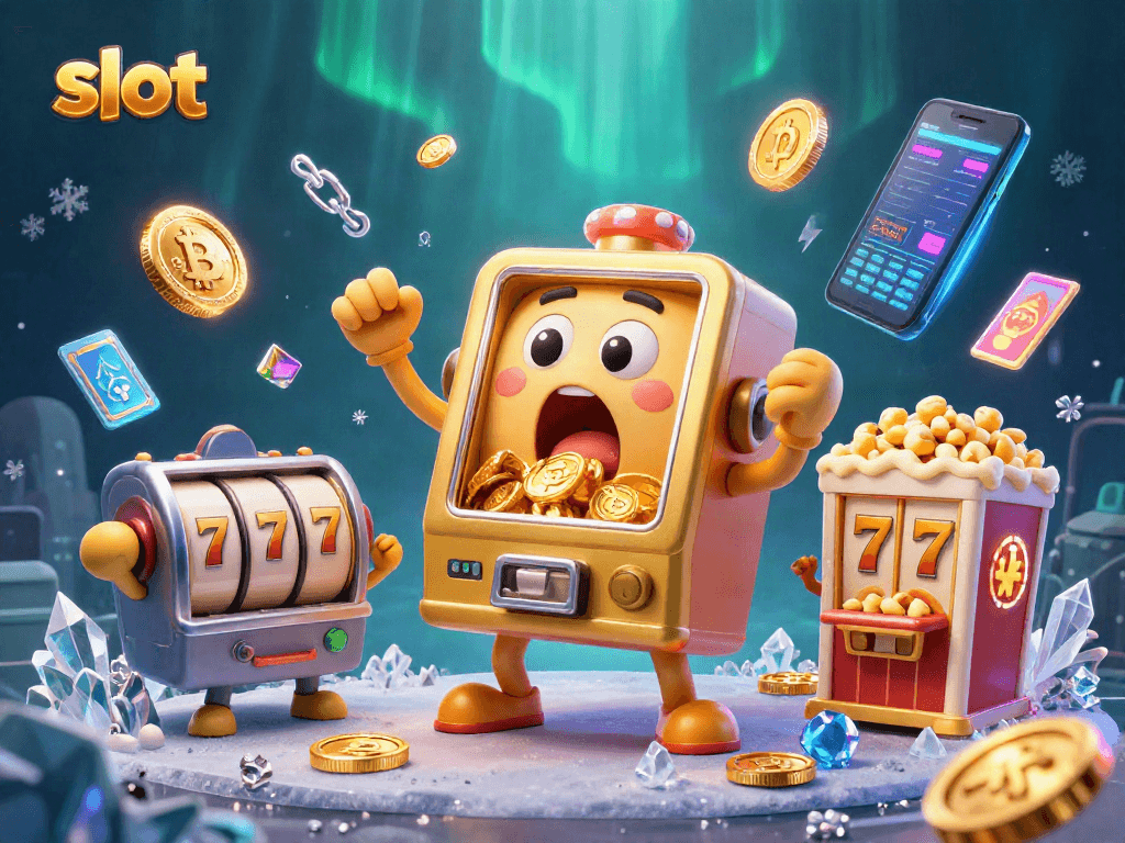 Spin the slot reels and watch as coins pour from the golden slot machine jackpot.