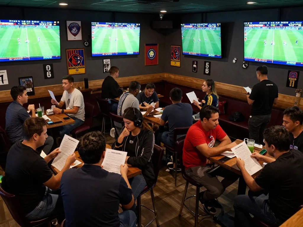 Patrons engaging in strategic kèo nhà cái activities at a lively sports betting venue