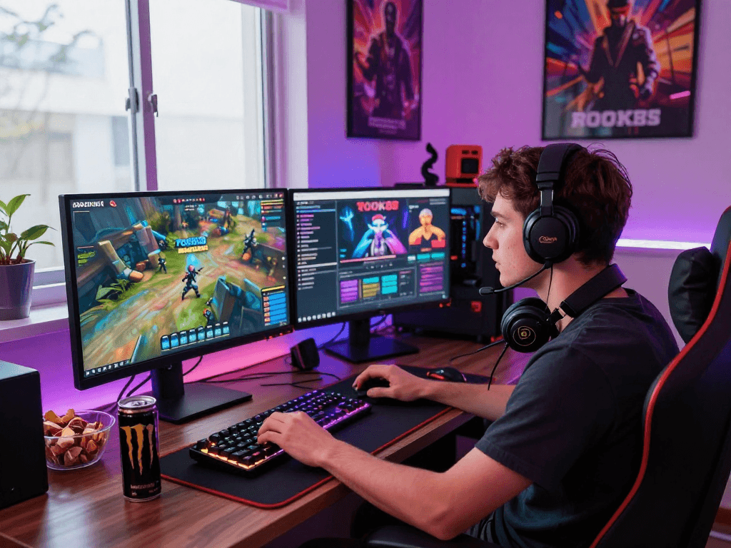 Gamer engaging with rokok88 link alternatif on dual monitors in a vibrant gaming setup.