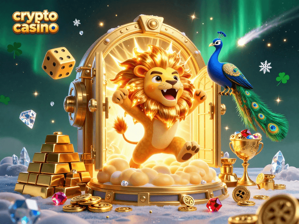 Experience the excitement of a crypto casino with roaring lion and golden treasures in this vibrant illustration.