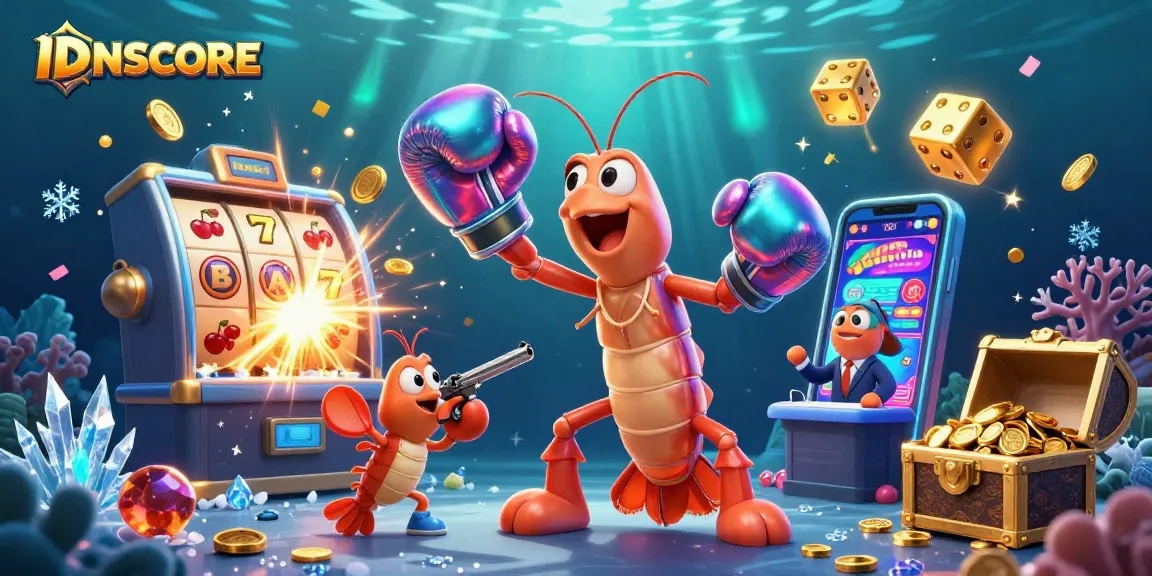 IDNSCORE slot adventure featuring 3D mantis shrimp, bursting jackpots, and vibrant casino games.