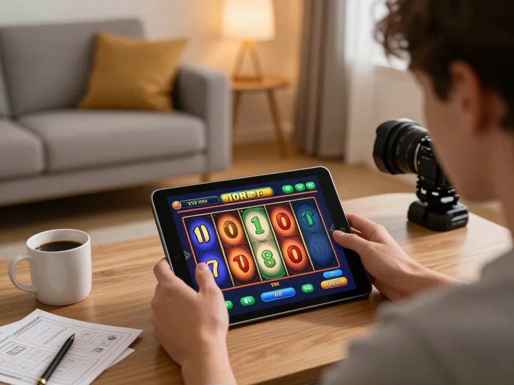 Engaging with slot 10rb game on a tablet in a cozy home setting, enjoying responsible gaming.