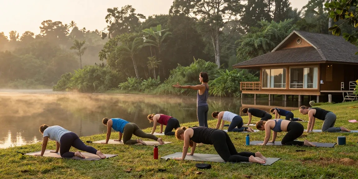 100 hour yoga teacher training sri lanka with students practicing Vinyasa and Yin yoga by Koggala Lake at sunrise.