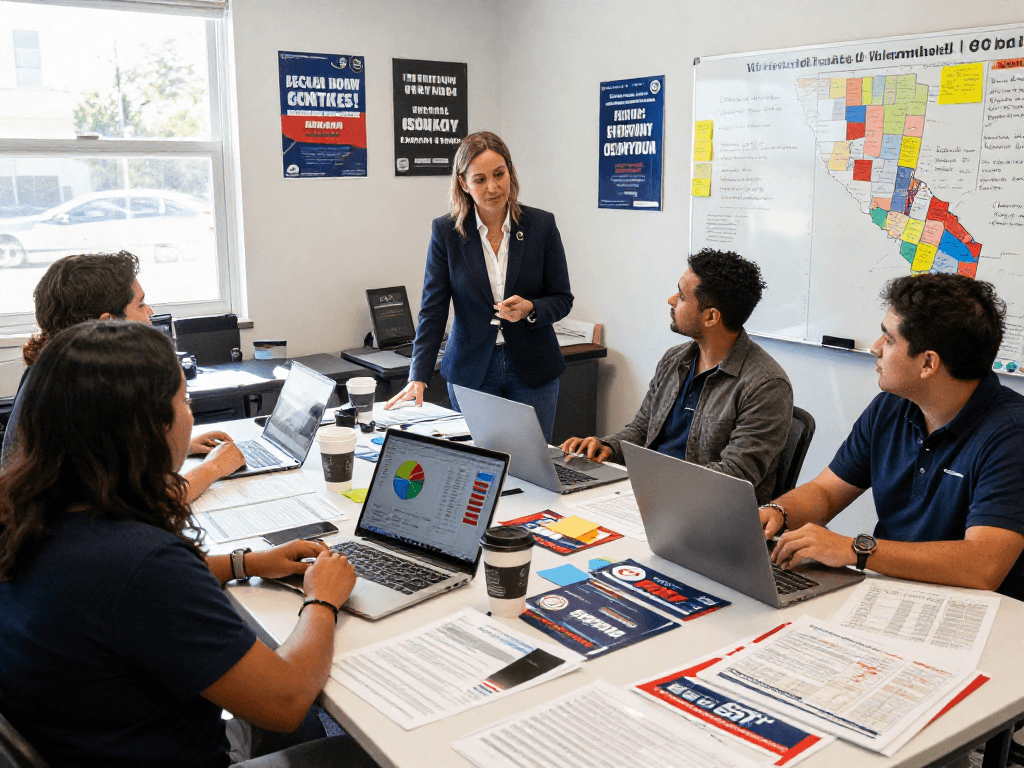 Political mail printing services strategy session in a vibrant campaign office.