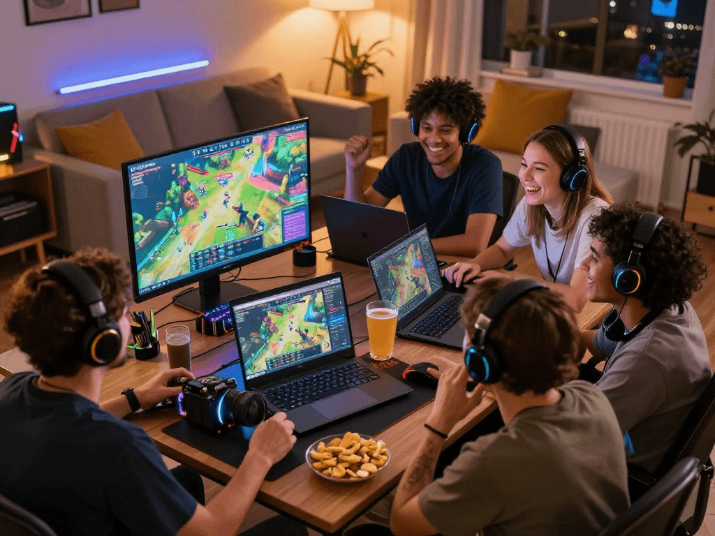 Engaged friends playing a popular porngame in a cozy gaming setup with vibrant lighting.
