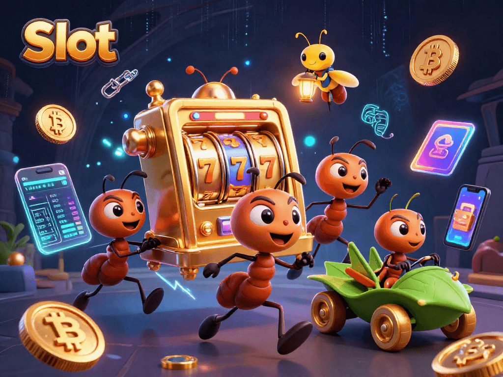 Slot machine heist scene featuring ants, fireflies, and cryptocurrency elements.
