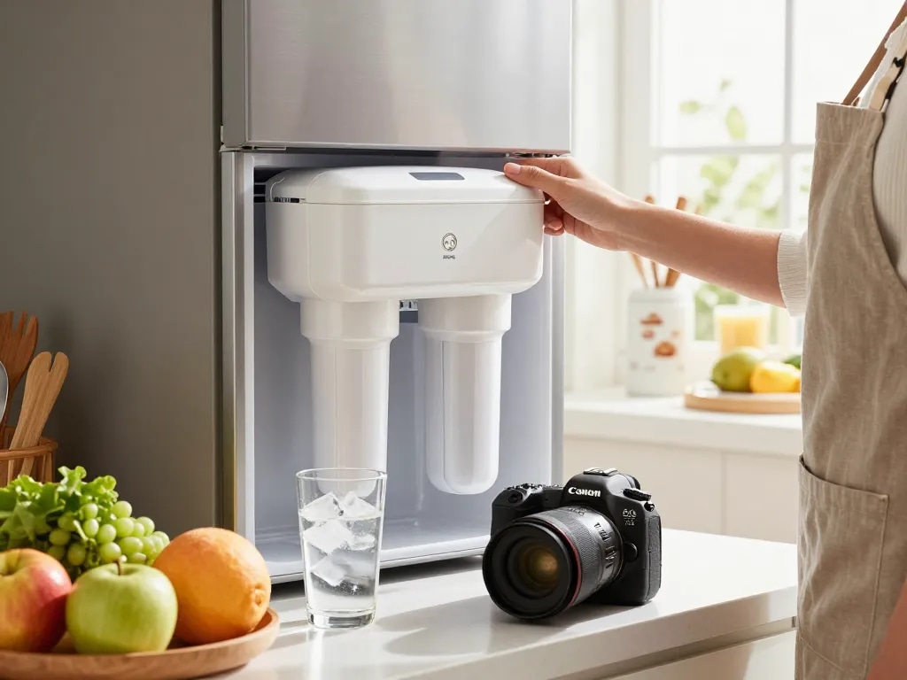 Person changing Waterdrop WD-F19C Replacement for GE® RPWFE® water filter in a bright kitchen.